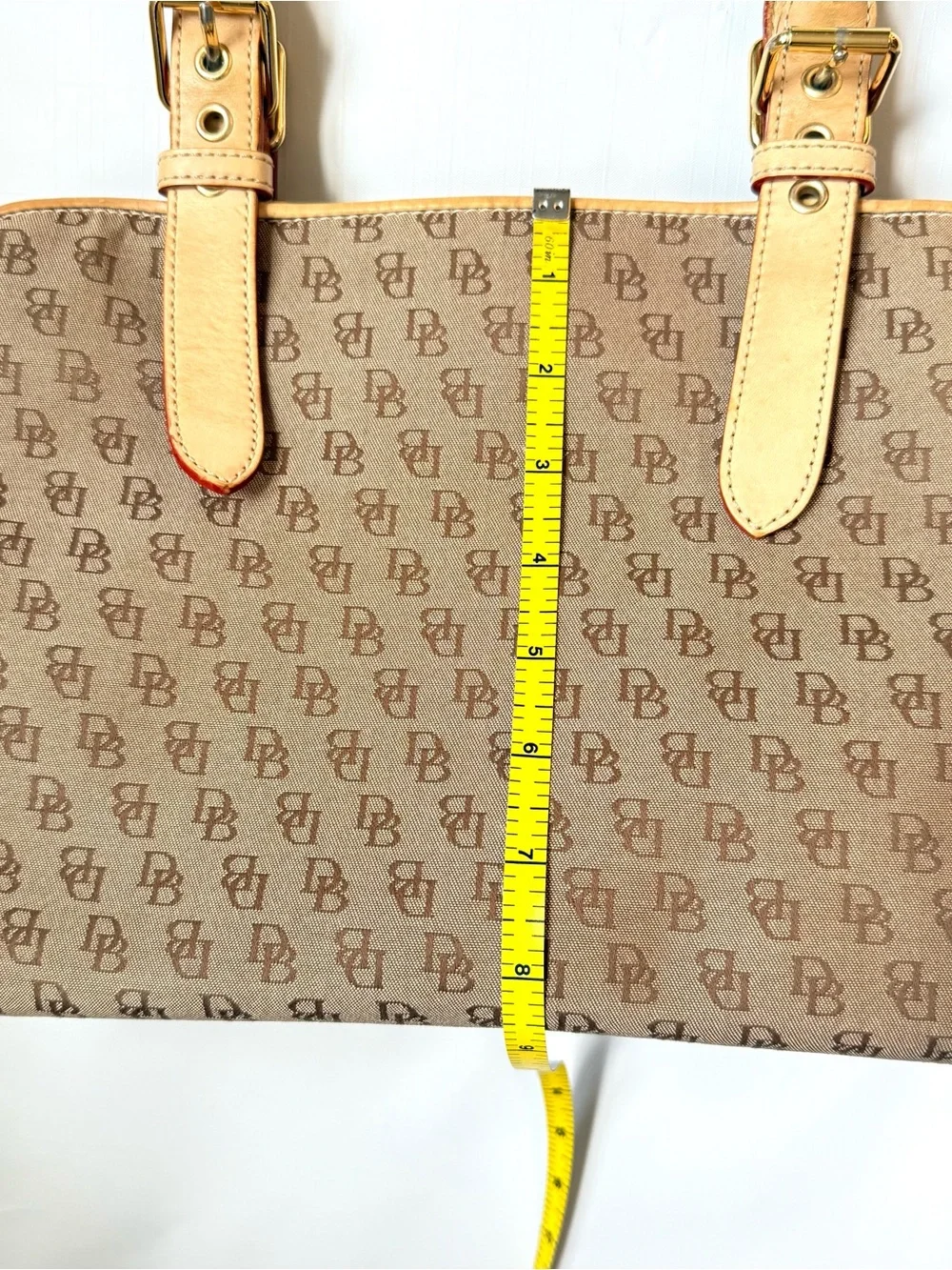 Vintage Dooney & Bourke Signature Logo Canvas Buckle Satchel Bag Tan Leather